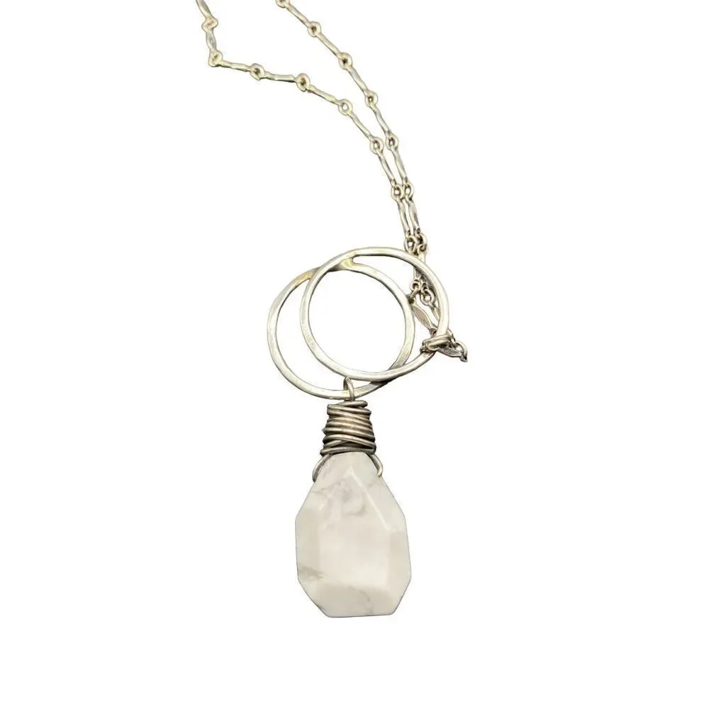 Silver double circles white agate drop necklace